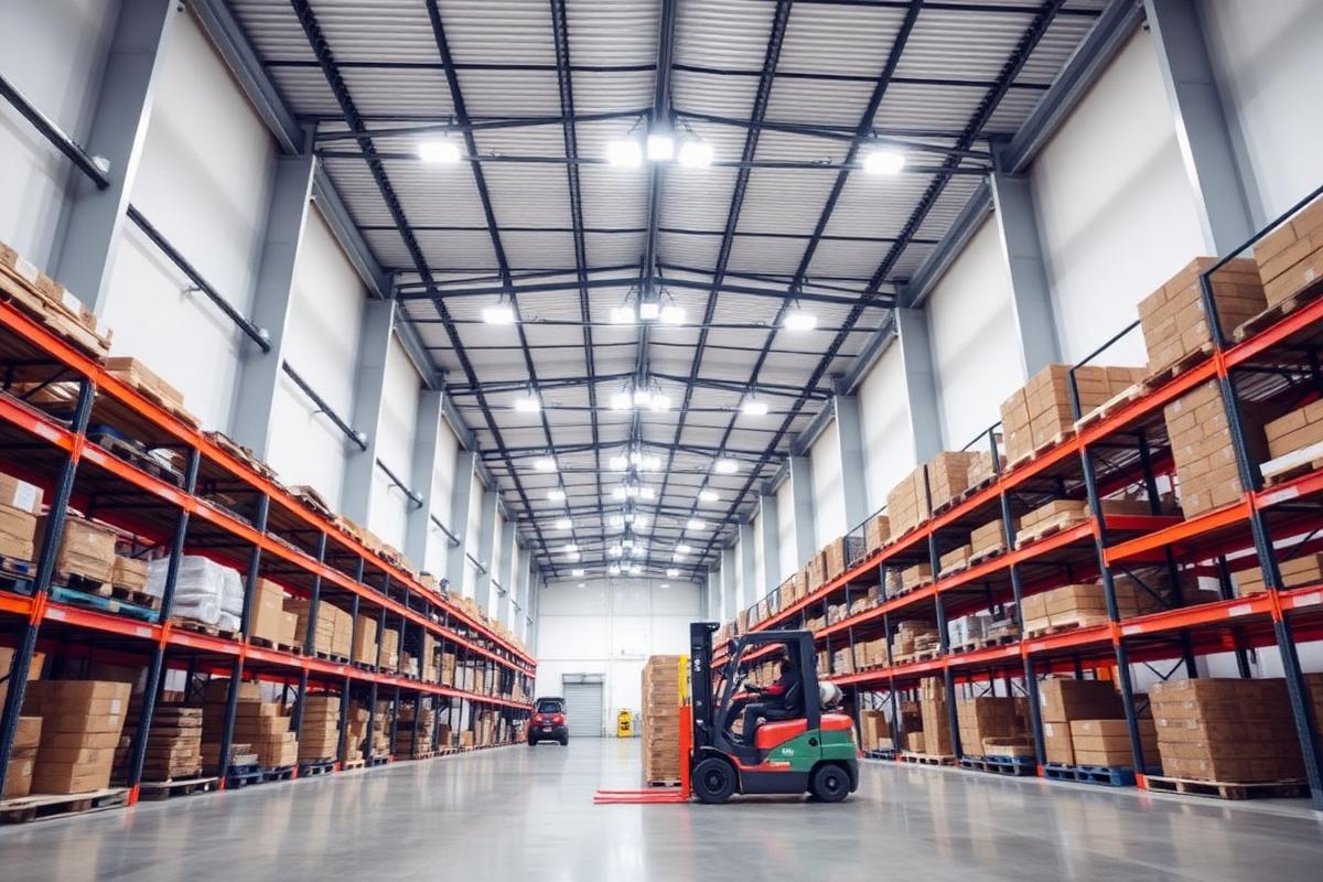 Bright modern warehouse with LED lighting